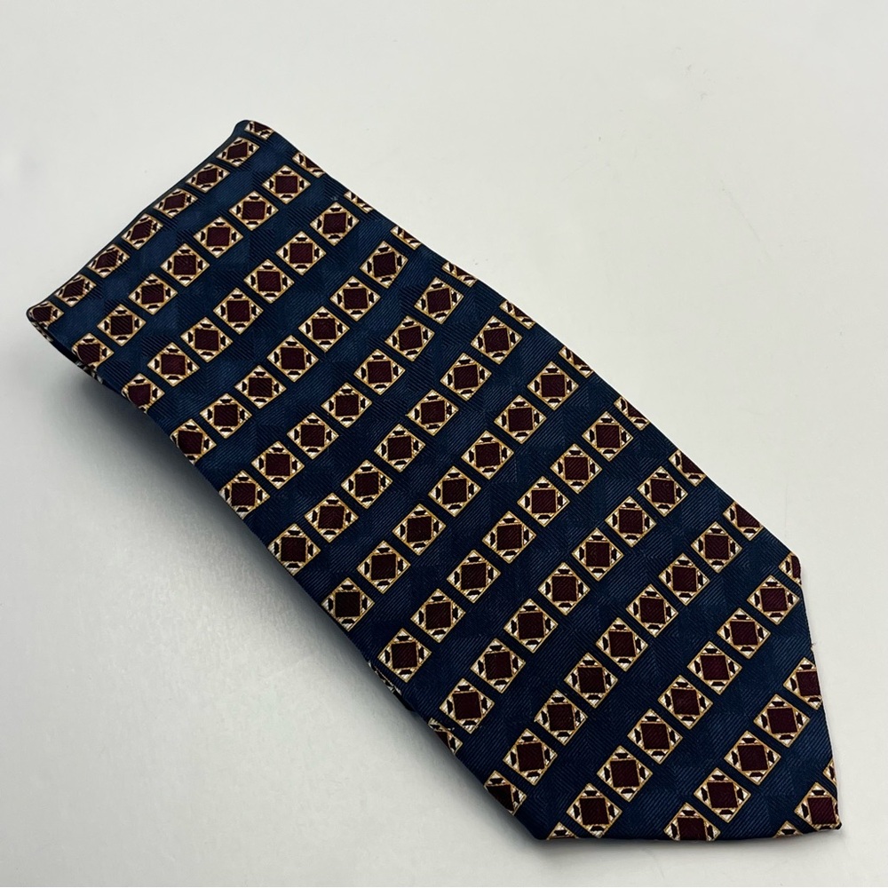 Etienne Aigner Mens 100% Silk Blue Burgundy Geometric Pattern Tie Office Vintage